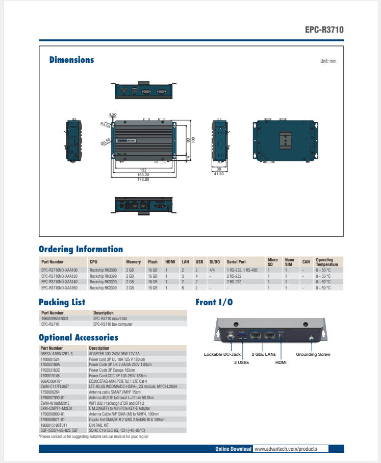 研華EPC-R3710 Rockchip RK3399 Cortex-A72 UIO40-Express Edge AI 工控整機， 4K display， 2xLan，