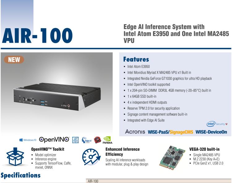 研華AIR-100 基于Intel Atom E3950處理器，AI計算平臺，內(nèi)置Myriad X VPU * 1