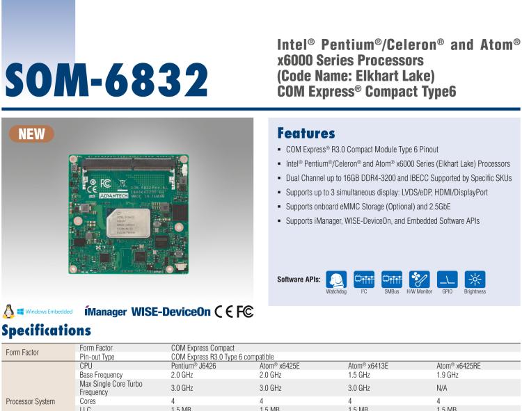 研華SOM-6832 Intel Pentium/Celeron 及 Atom x6000系列（Elkhart Lake）處理器，COM Express? Compact Type 6 模塊