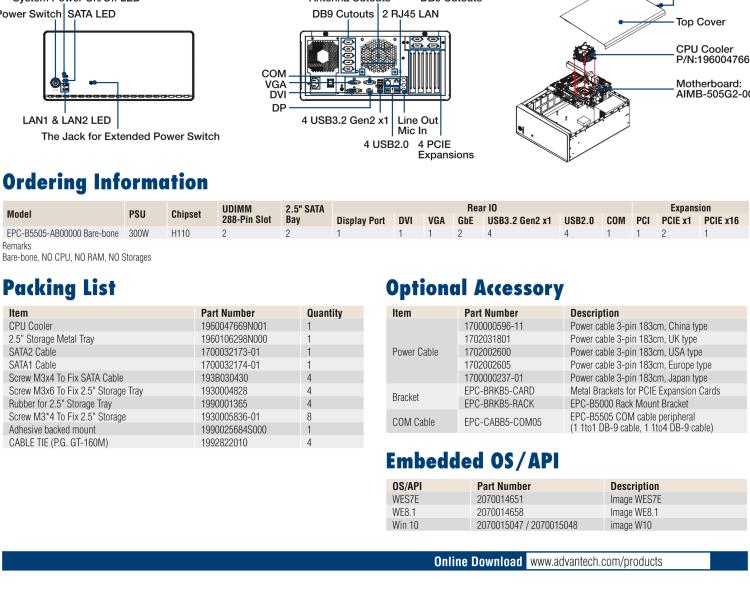 研華EPC-B5505 適配Intel? 第6/7代 Core ? i/Xeon E3系列處理器，搭載H110芯片組。標(biāo)準4U上架，廣泛適用于各種行業(yè)。