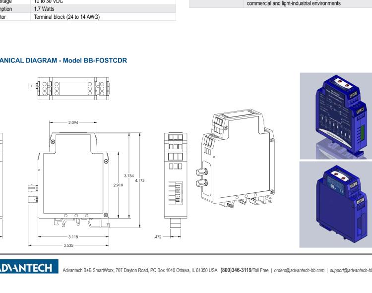 研華BB-FOSTCDR-INV 串口轉換器，RS-232/422/485 TB至MM光纖ST（反向），工業(yè)DIN
